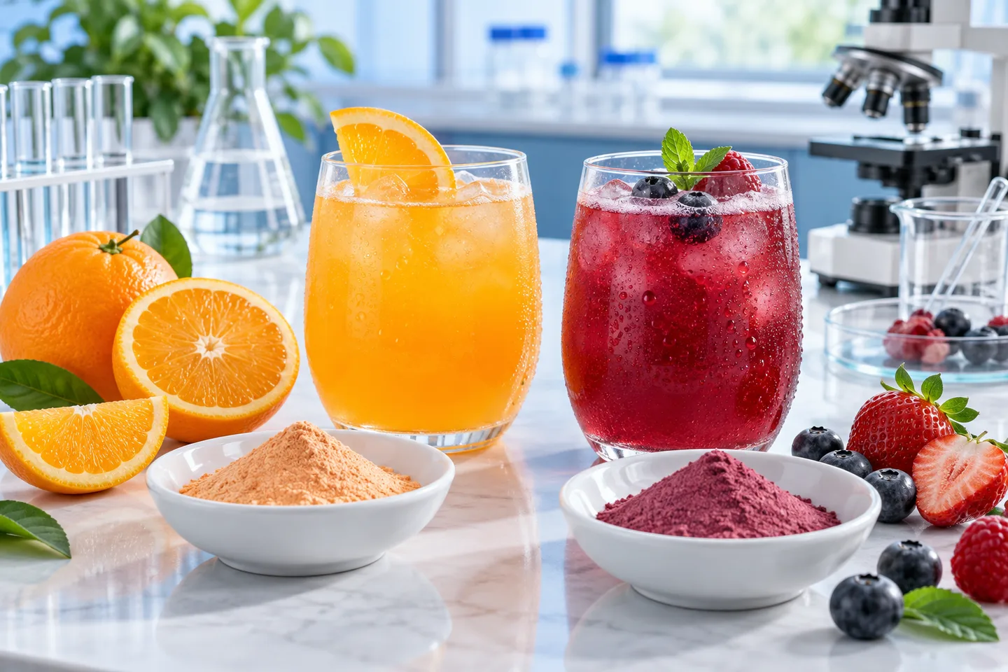 果汁粉與調製飲品的 AI 情境示意，非詮亞實際產品